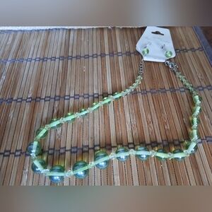 Green Glass Beaded Necklace and Earring Set